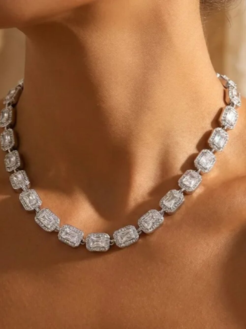 Women’s Stainless Steel Tennis-Style Necklace Silver Tone Dainty Jewelry NEW